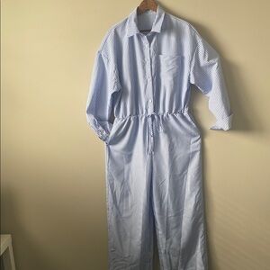 Powder Blue Jumpsuit with Elastic Waist and Long Sleeves